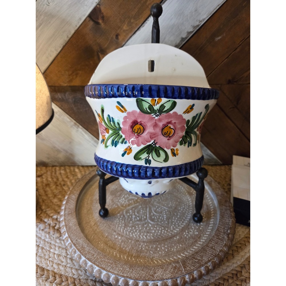 Hand Painted Ceramic Wall Pocket Planter Floral Blue White Folk Art Decor
